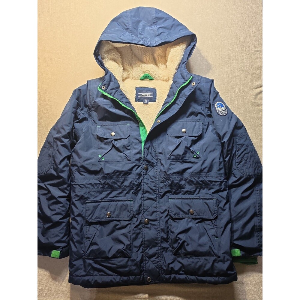 Lands End Down Parka Jacket Boys XL 18-20 Navy Blue Fleece Lined Hooded Coat War